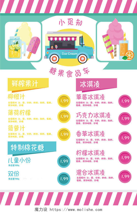粉色小清新卡通糖果甜品食品价目表菜单海报